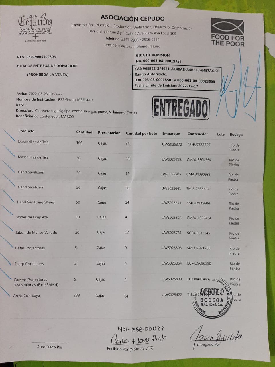 Donación importante de USAID ("De lectores a Líderes"), “CEPUDO” y “FOOD FOR THE POOR”
